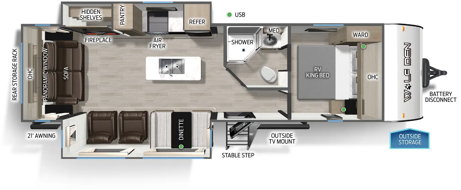 The Wolf Den 273XLK floorplan has one entry and two slide outs. Exterior features include: metal exterior, 21' awning and  outside entertainment. Interiors features include: kitchen island, front bedroom and rear living.